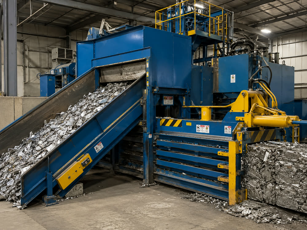 A baler with scrap aluminium on its feed conveyor and finished bales at right.