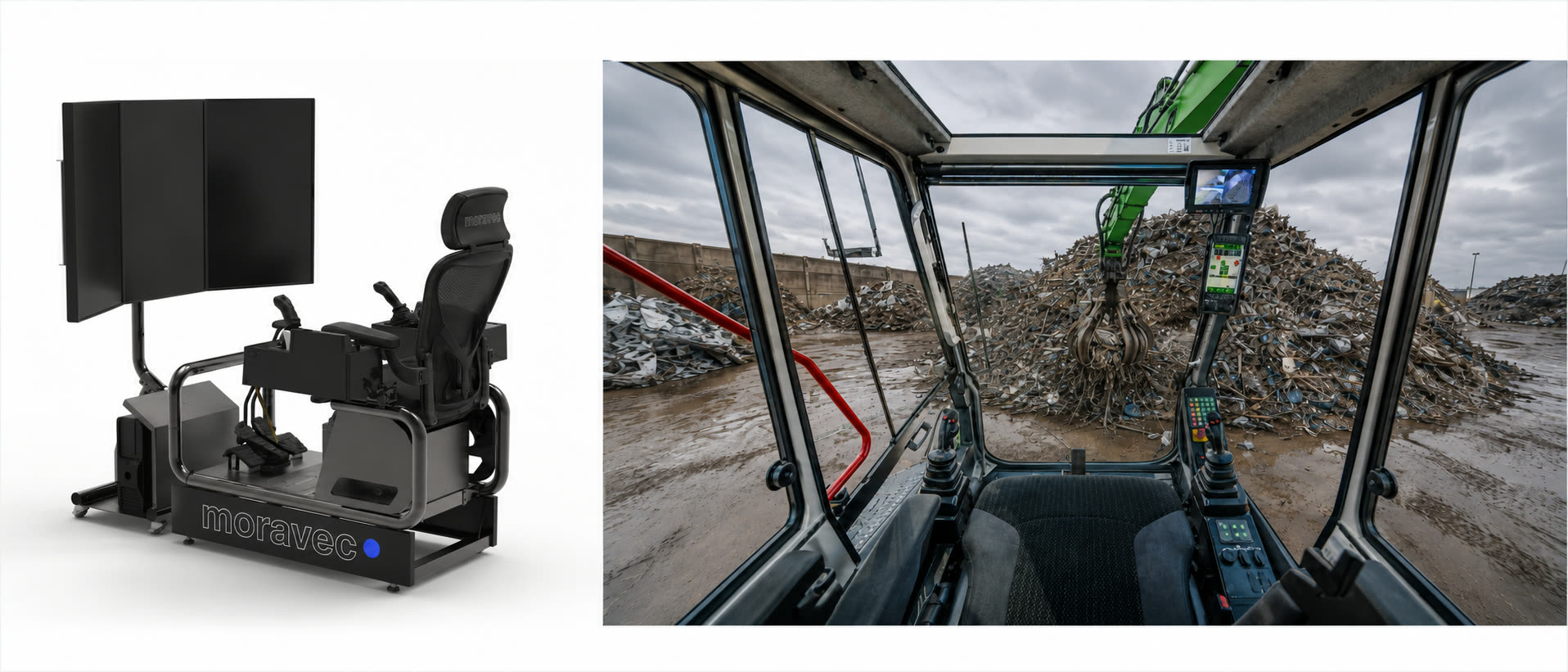 Side by side: a moravec remote operator station in the studio, and a material handler's cab looking out over a scrap pile from the seat.