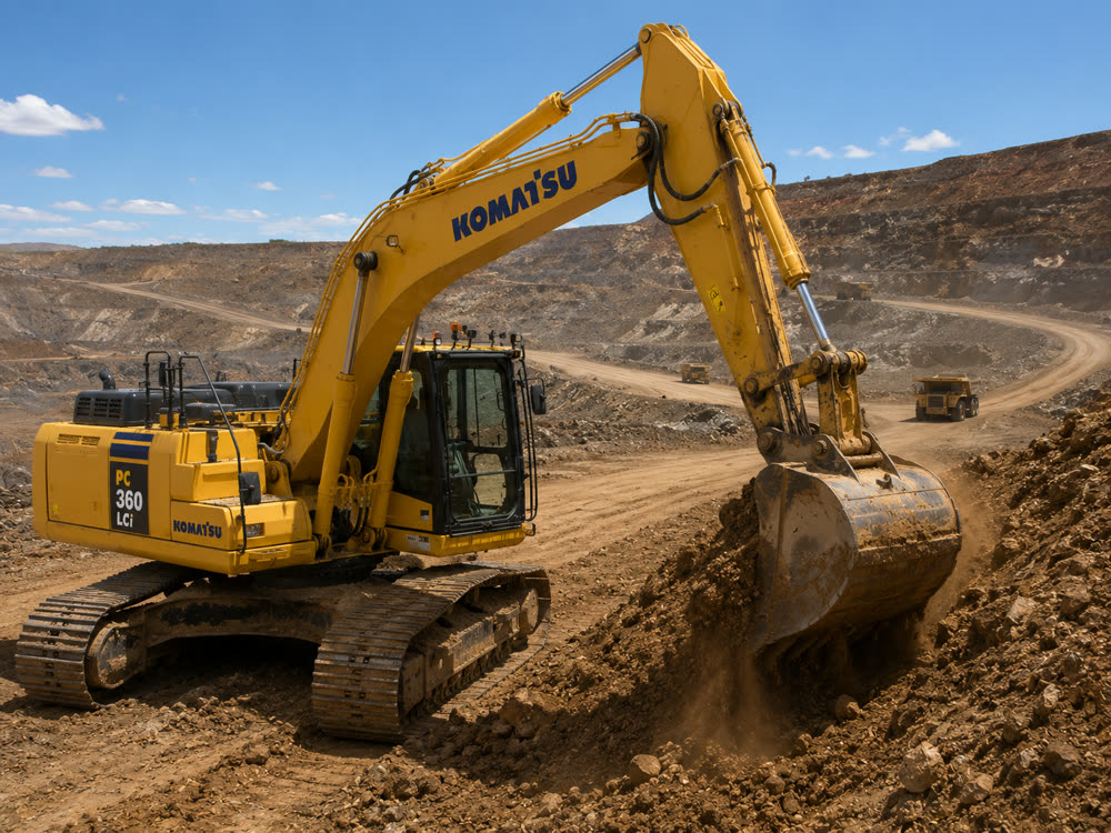 A tracked excavator digs into a bench face in an open pit, haul trucks on the ramp behind.