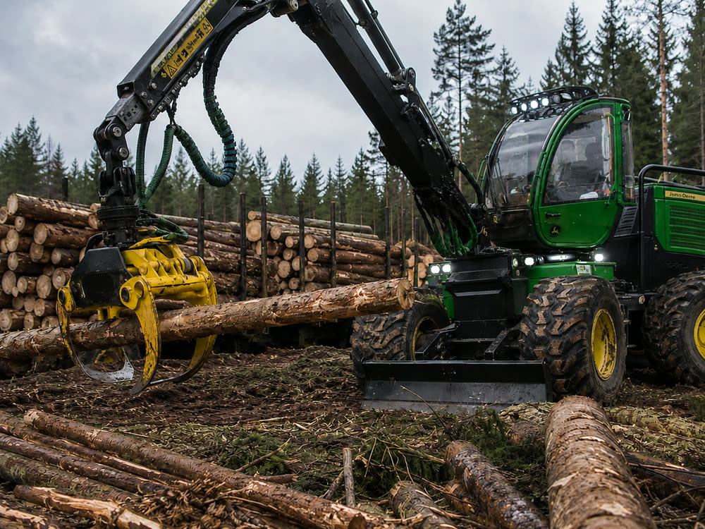 A forestry harvester closes its grapple head on a felled stem beside stacks of cut timber.