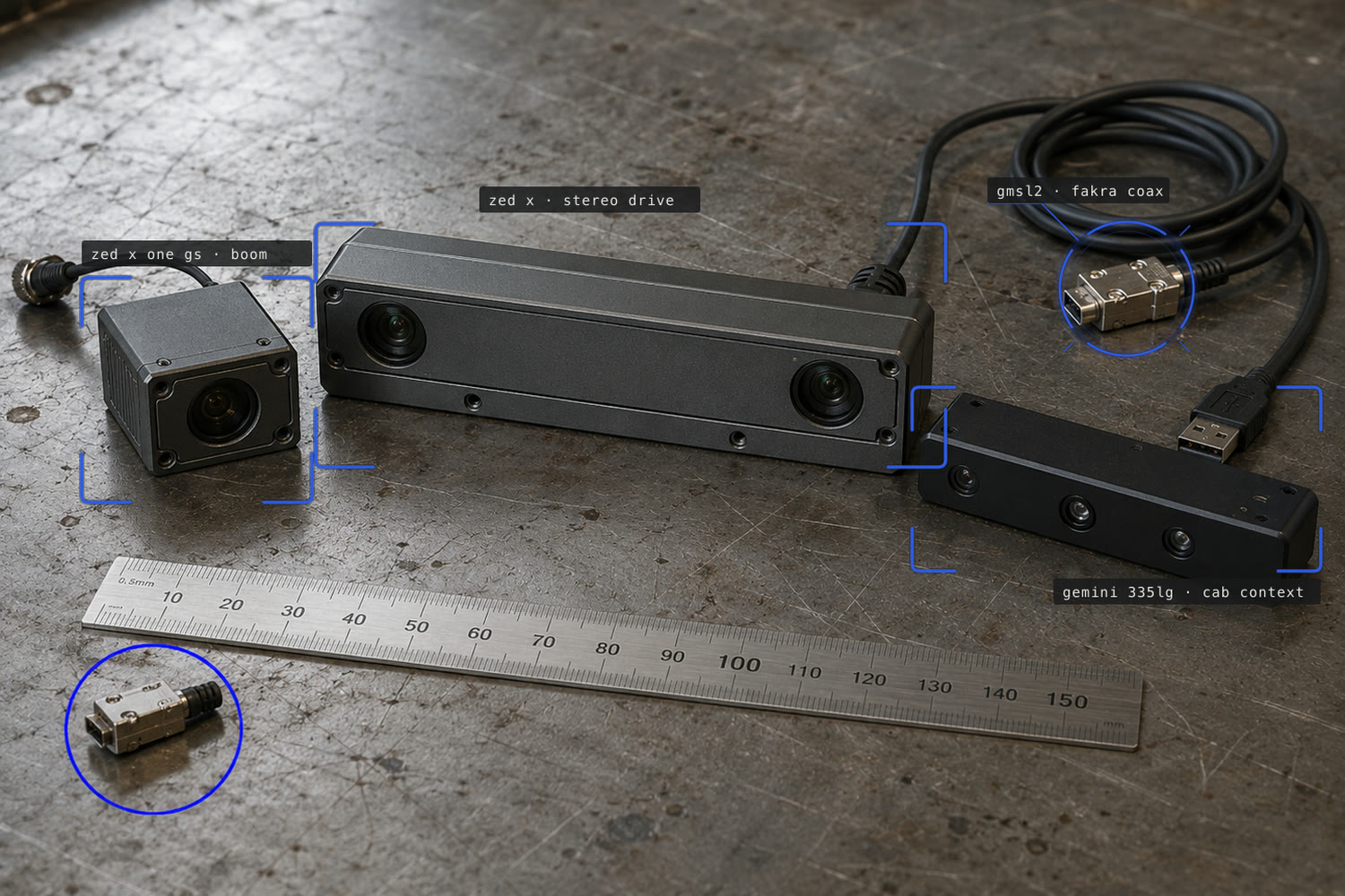 Three camera modules and a GMSL2 coaxial lead on a workbench beside a 150 mm steel rule. Labels name each one and the tier it serves: a ZED X stereo pair for drive, a ZED X One GS for the boom, a Gemini 335Lg for cab context.