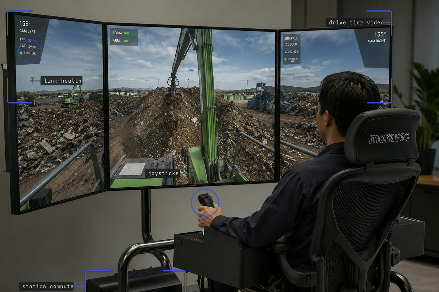 An operator sits at a three-screen remote station, one hand on the control grip, working a material handler over a scrap pile. Callouts mark the drive-tier video, the link-health readout, the joysticks and the station compute tower.