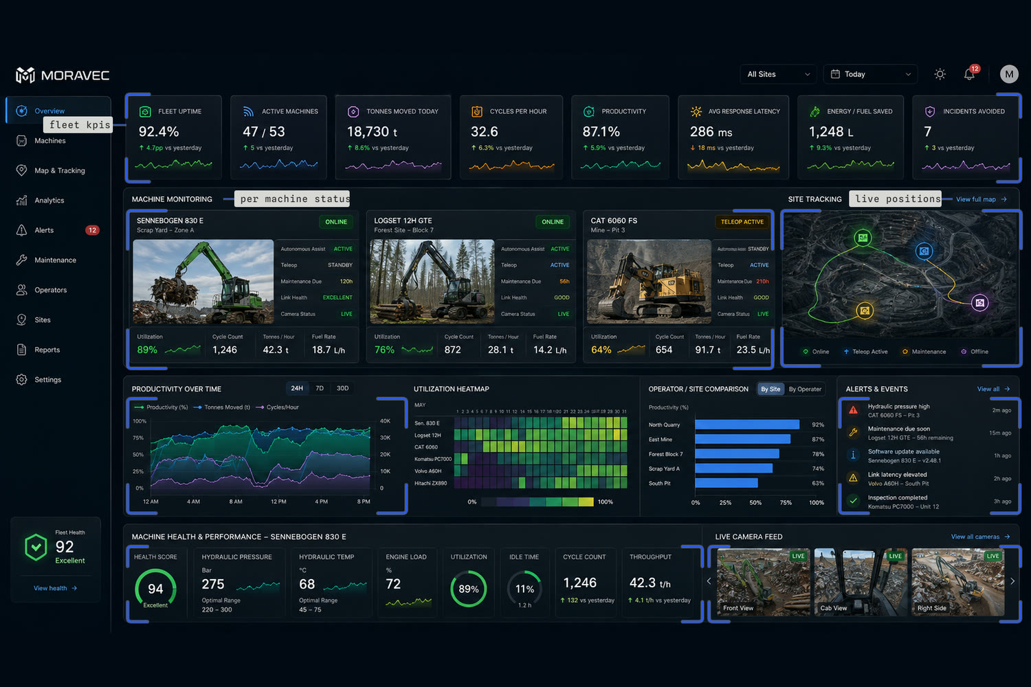 Callouts on the fleet dashboard mark the KPI tiles, the per-machine status column and the live position map. Below them sit utilisation charts, an operator and site comparison, an alert feed and a live camera strip.