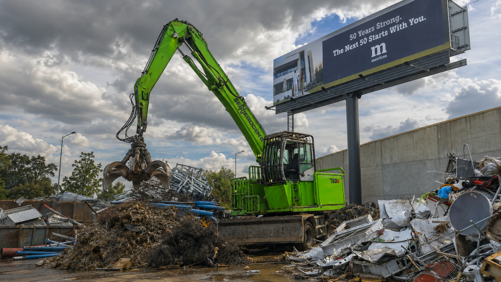 A SENNEBOGEN 730 material handler in a scrap yard, boom out and grapple open above a pile of tangled metal.