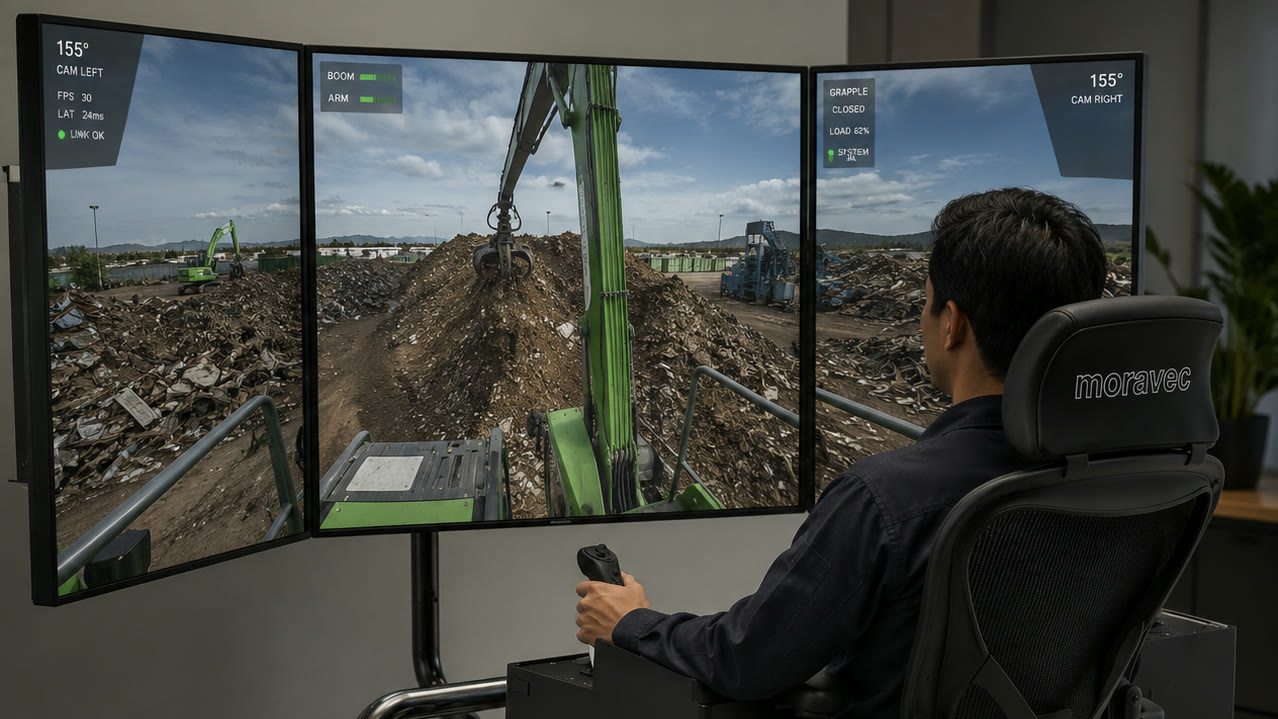 An operator at a moravec teleoperation console works a material handler shown on a three-screen camera wall, one hand on the joystick.