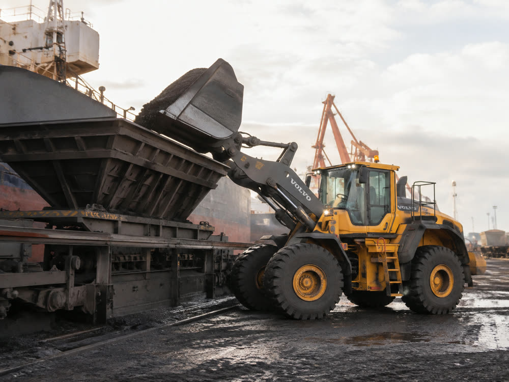 A wheel loader tips bulk material into a rail hopper, a ship moored behind.